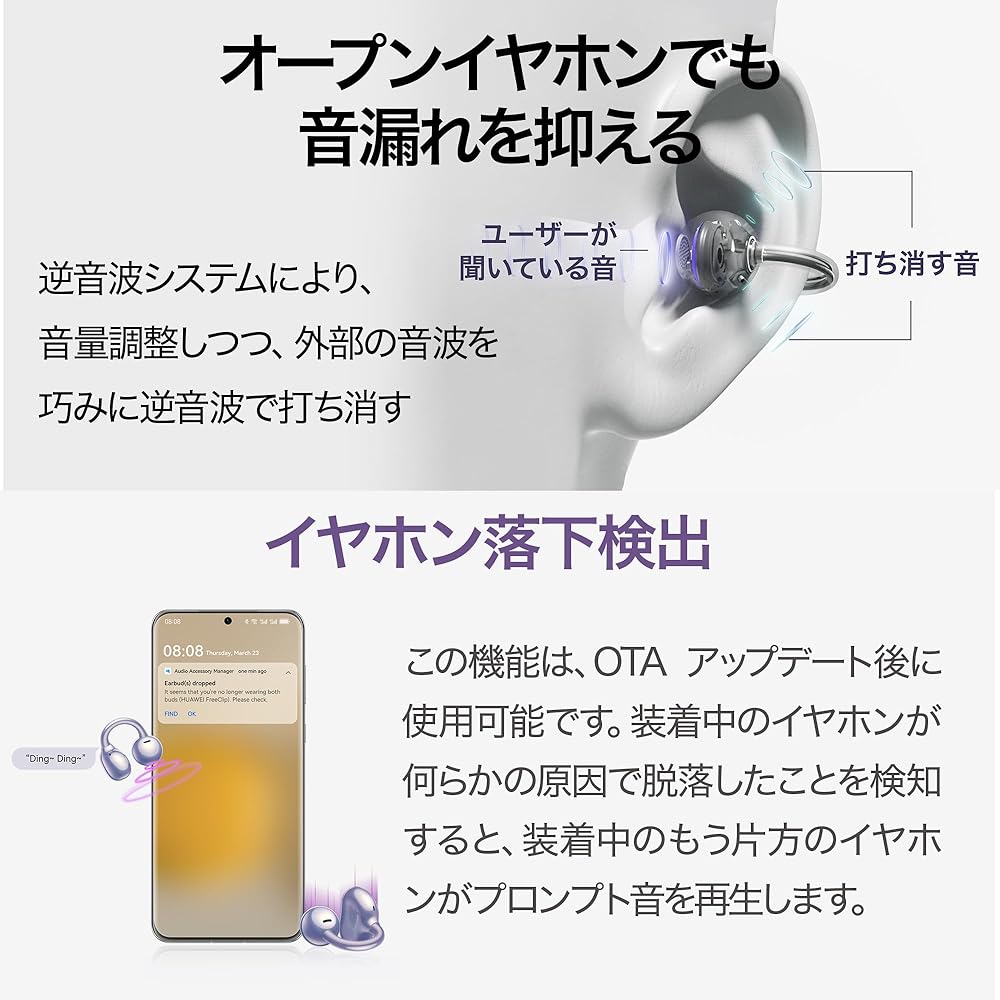 HUAWEI FreeClip ワイヤレスイヤホン Bluetooth オープンイヤー イヤーカフ型 3段階音量調整 耳を塞がないイヤホン 軽量約5.6g(本体) T0017 画像5