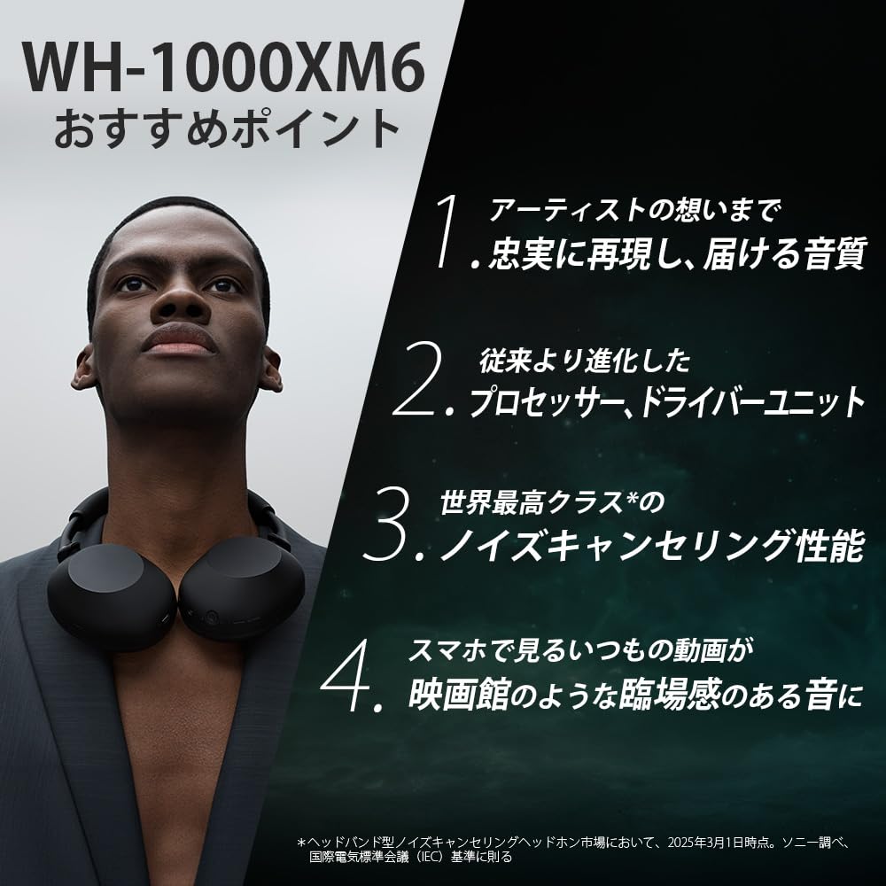 ソニー SONY WH-1000XM6 ブラック ワイヤレスノイズキャンセリングヘッドホン Bluetooth LDAC対応 折りたたみ式 画像2