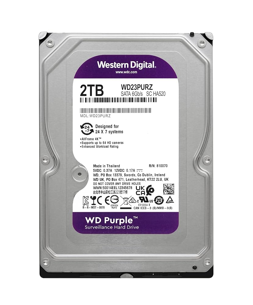 WD Purple 2TB 内蔵HDD 3.5インチ SATA 6Gb/s 64MB 監視カメラ用 ウエスタンデジタル WD23PURZ 画像2