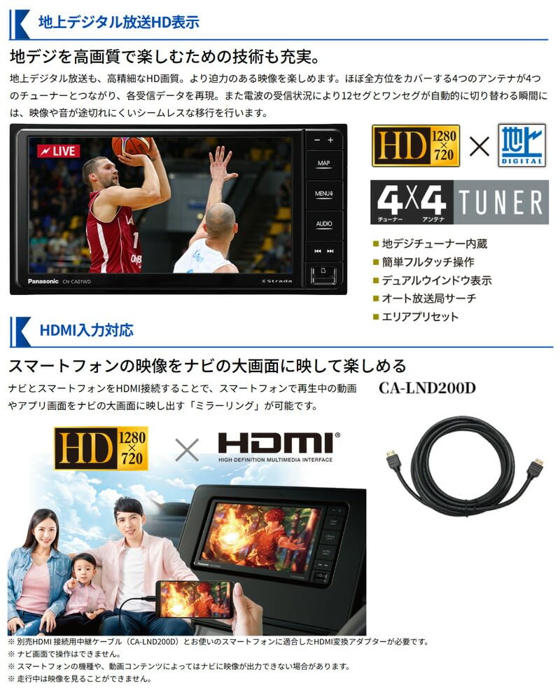 パナソニック ストラーダ CN-CE01DA 7V型HD カーナビステーション 180mm 2DIN ワイヤレスCarPlay Android Auto ネット動画 画像4