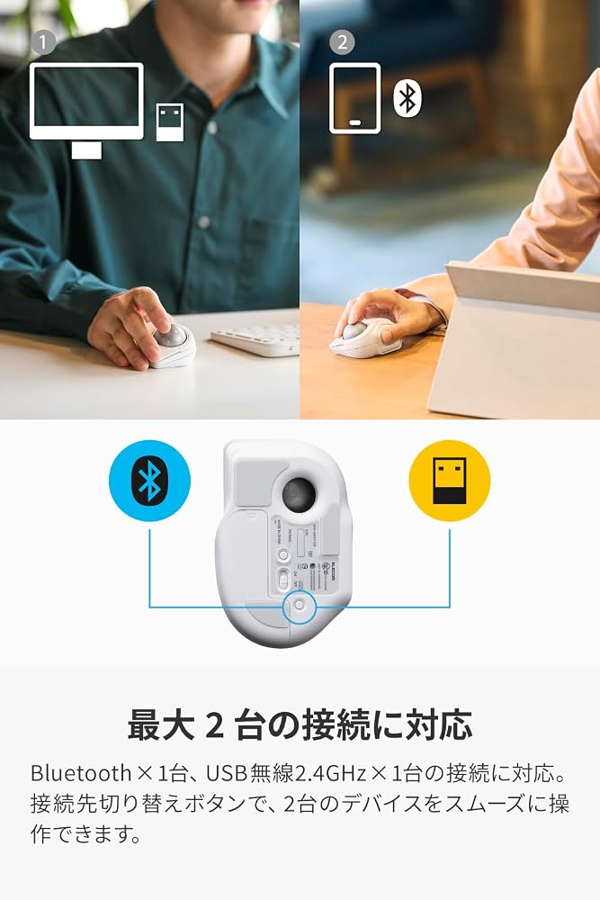 エレコム トラックボールマウス bitra 静音 人差し指操作 Bluetooth 無線2.4GHz 2台マルチペアリング 5ボタン 専用収納ケース付 ホワイト M-MT2MRSAWH 画像5