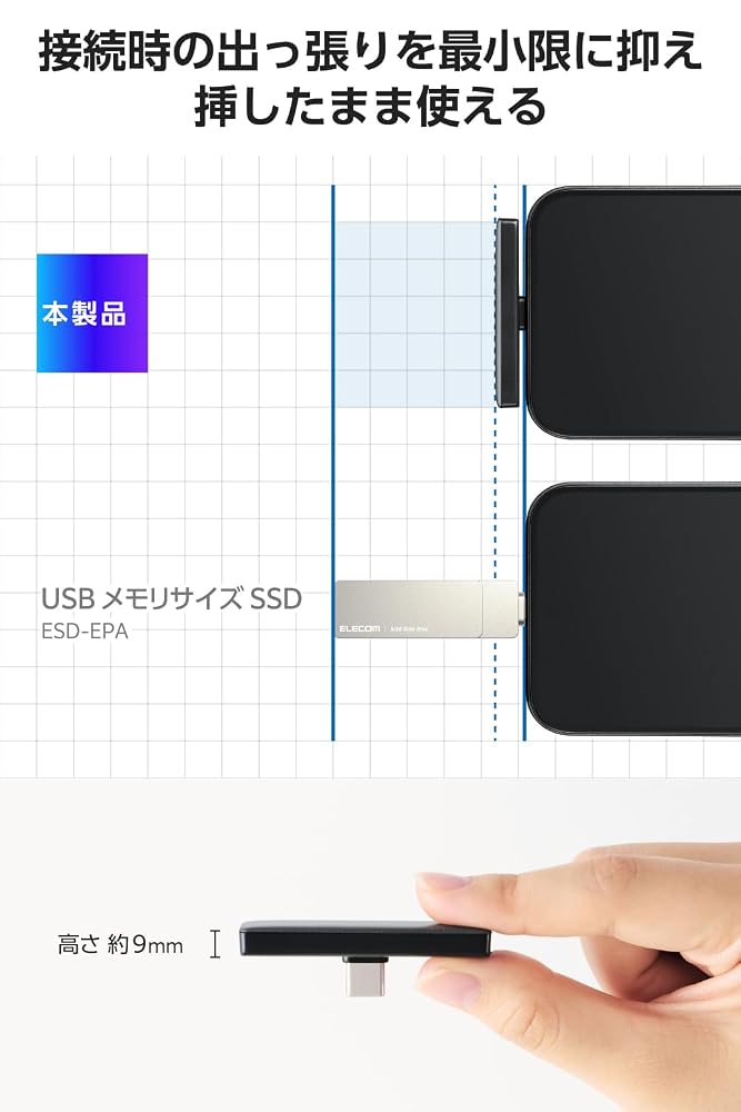 エレコム 外付けSSD 500GB USB3.2 (Gen2×2) 20Gpbs 対応 USB Type-C 小型 読出最大2000MB/S 【iPhone/iPad/Android/Windows/Mac/Chrome対応】 ESD-EAPC0500GGY