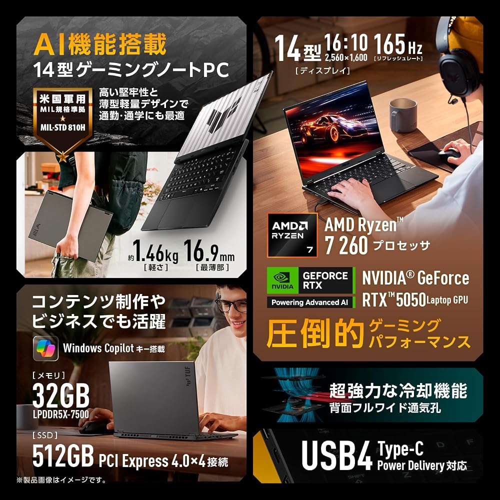 ASUS ゲーミングノートPC TUF Gaming A14 FA401UH 14インチ RTX 5050 AMD Ryzen 7 260 メモリ 32GB SSD 512GB