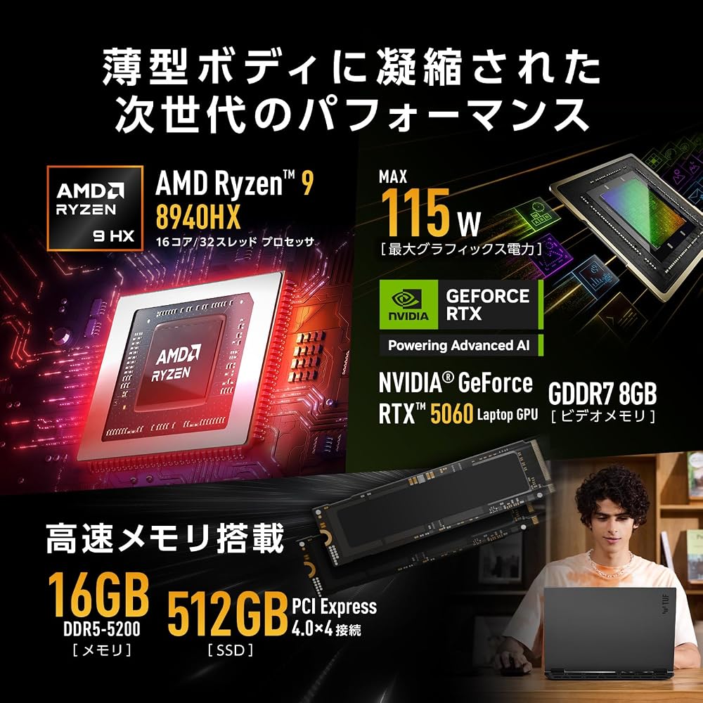 ASUS ゲーミングノートPC TUF Gaming A16 FA608PM 16インチ RTX 5060 AMD Ryzen 9 8940HX メモリ 16GB SSD 512GB