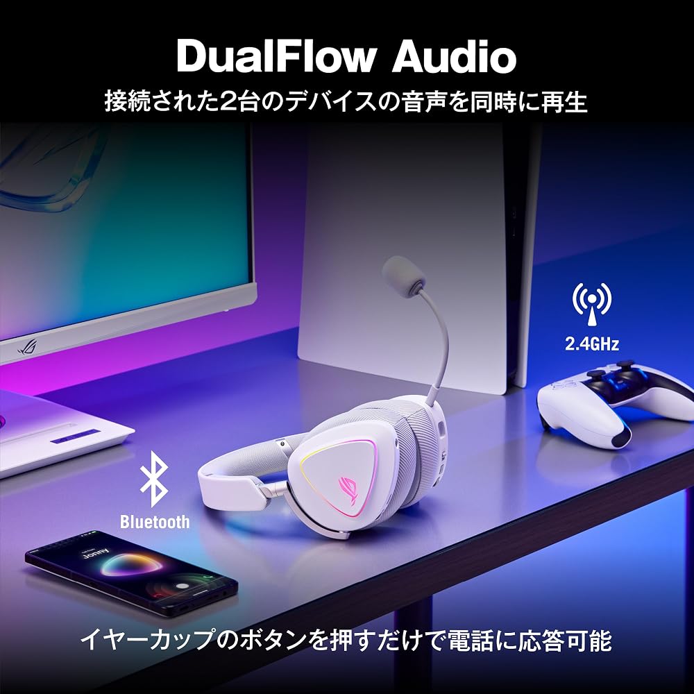 ASUS ワイヤレスゲーミングヘッドセット/ROG Delta II / 318g軽量 / 2.4GHzワイヤレス / 3.5mm有線 / Bluetooth/広帯域ブームマイク