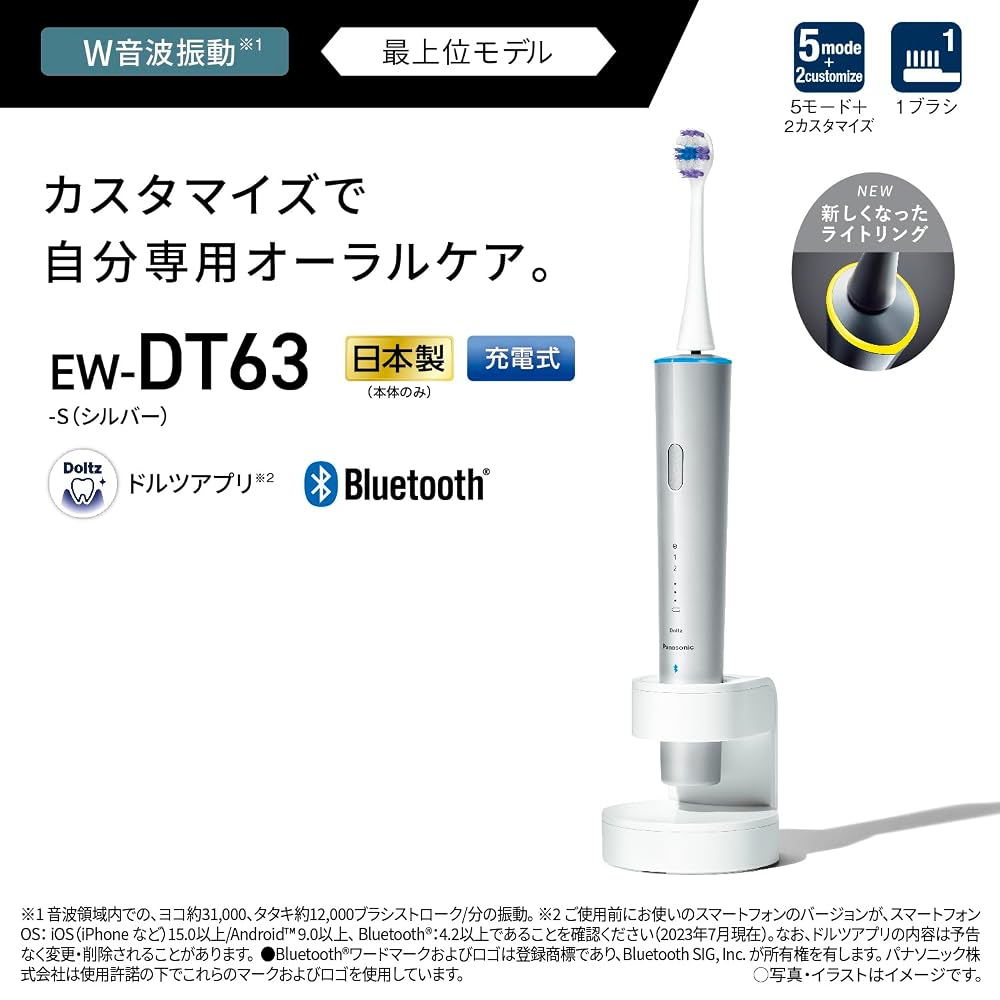 パナソニック 音波振動ハブラシ ドルツ EW-DT63-S シルバー 電動歯ブラシ W音波振動 Bluetooth ライトリング 画像3