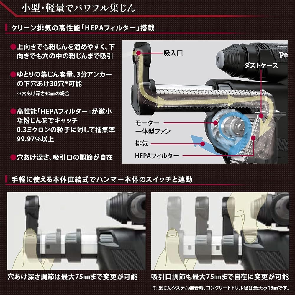 パナソニック 充電ハンマードリル 28.8V 3.4Ah 電池2個/充電器/集塵システム/ケース付 EZ7881PC2V-B ブラック 画像6