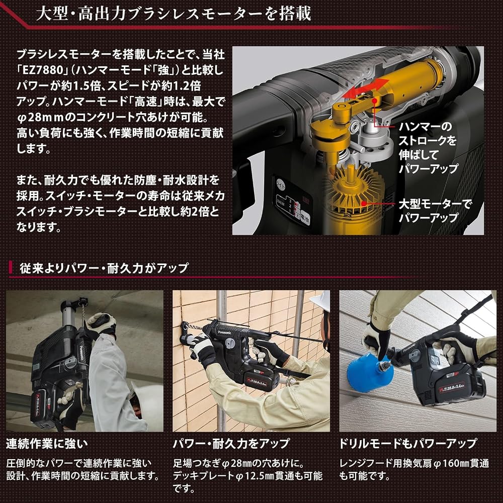パナソニック 充電ハンマードリル 28.8V 3.4Ah 電池2個/充電器/集塵システム/ケース付 EZ7881PC2V-B ブラック 画像5