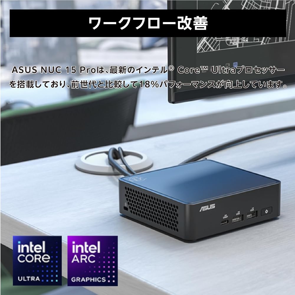 ASUS ミニPC NUC 15 Pro キット ベアボーン Intel Core Ultra 5 225H Wi-Fi 7 Thunderbolt 4 RNUC15CRHU500000I