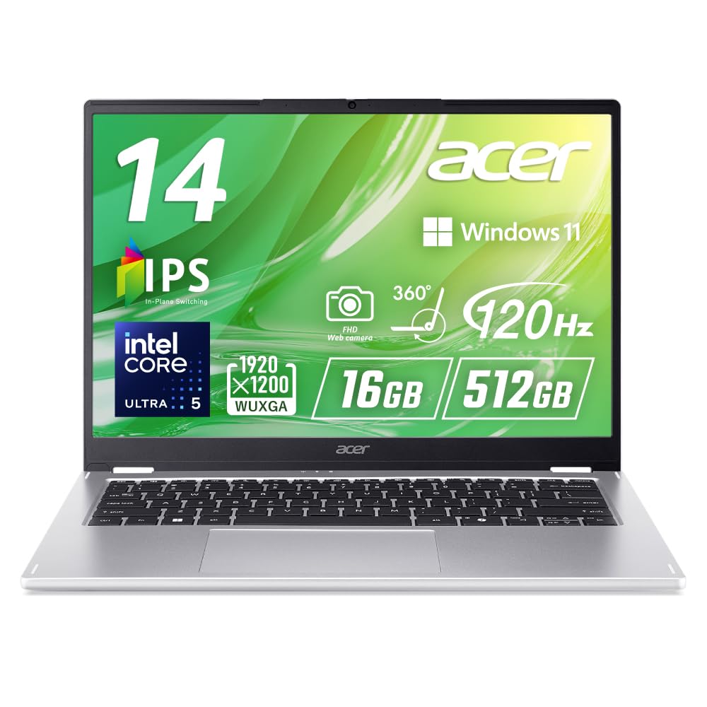 Acer 2in1ノートパソコン Aspire Spin 14 Core Ultra 5 16GB SSD512GB タッチ 360°ヒンジ ライトシルバー ASP14-51N-F56Y
