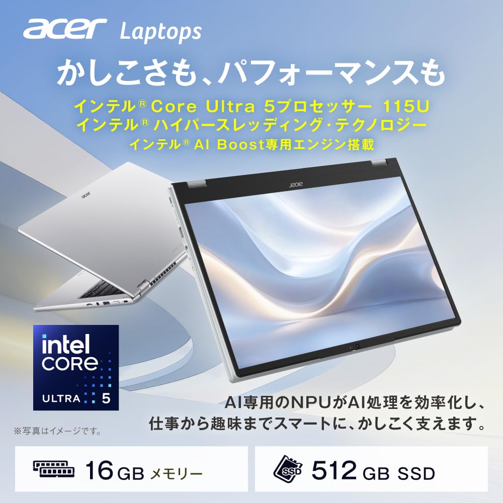 Acer 2in1ノートパソコン Aspire Spin 14 Core Ultra 5 16GB SSD512GB タッチ 360°ヒンジ ライトシルバー ASP14-51N-F56Y