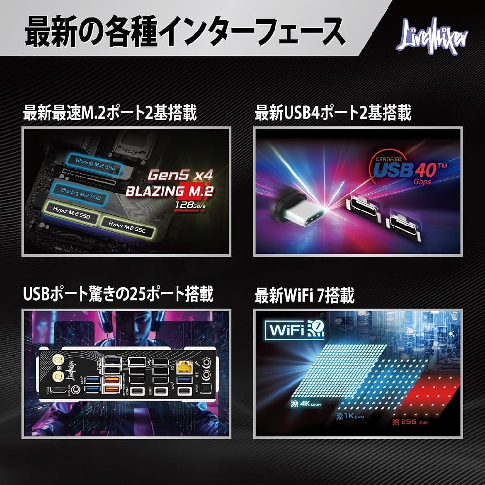 ASRock マザーボード X870 LiveMixer WiFi Socket AM5 AMD X870 DDR5 ATX Ryzen 9000/8000/7000対応