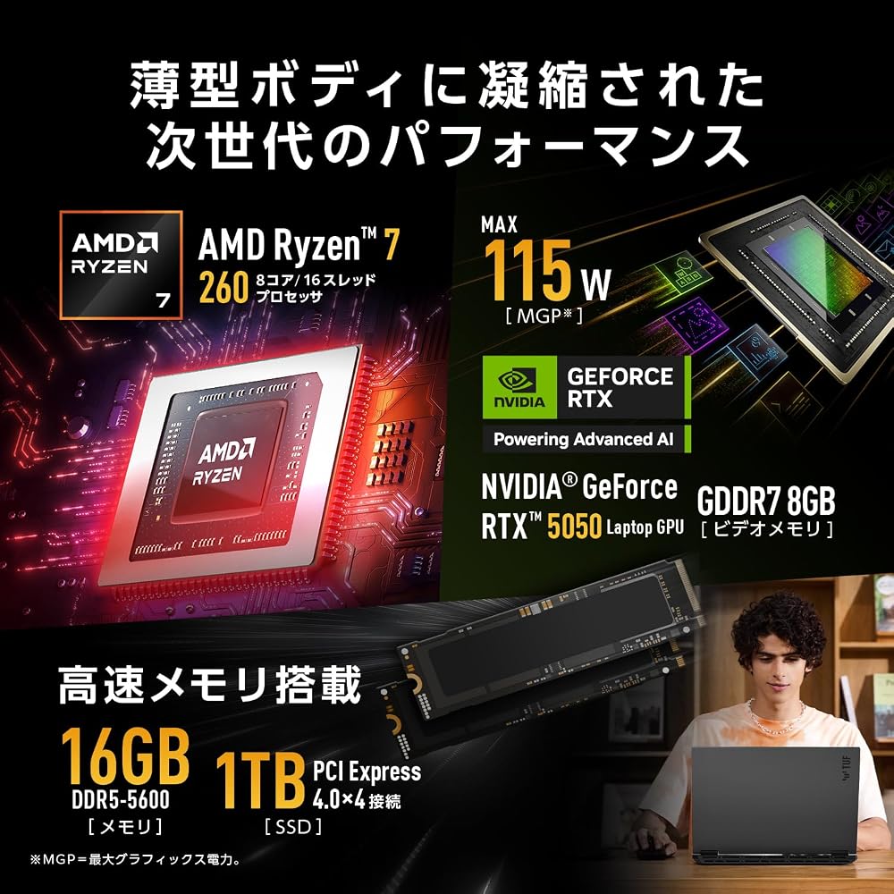 ASUS ゲーミングノートPC TUF Gaming A16 FA608UH 16インチ RTX 5050 AMD Ryzen 7 260 メモリ 16GB SSD 1TB リフレッシュレート 画像4