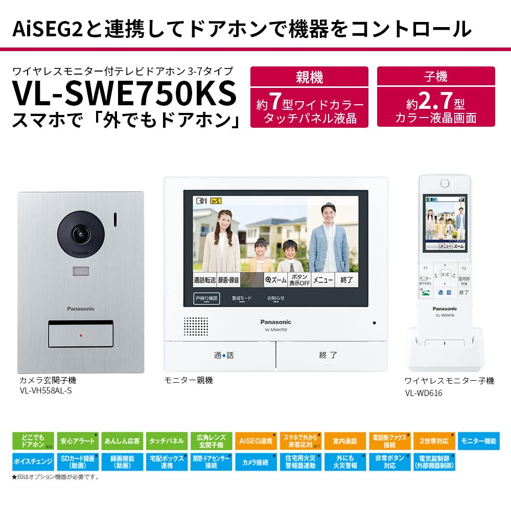 パナソニック テレビドアホン VL-SWE750KS 7型ワイド AiSEG2連携 カラーナイトビジョン 録画 スマホ連携 インターホン 画像2