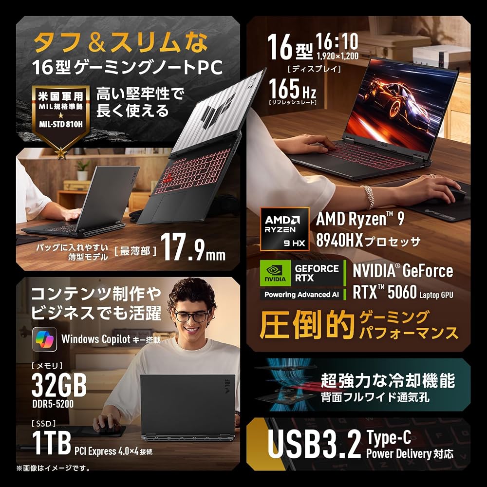 ASUS ゲーミングノートPC TUF Gaming A16 FA608PM 16インチ RTX 5060 AMD Ryzen 9 8940HX メモリ 32GB SSD 1TB 画像4
