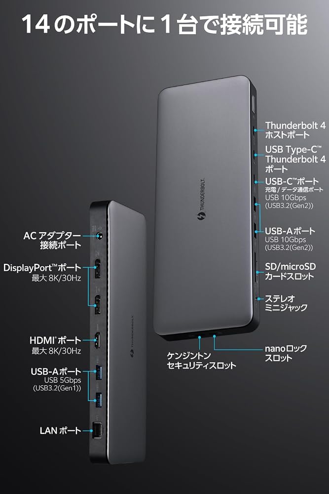 エレコム ドッキングステーション 14in1 4画面同時出力（3画面拡張） Thunderbolt4対応 PD96W HDMI 8K/30Hz USB-Cポート PD30W 高速データ転送 シルバー DST-W13 画像2