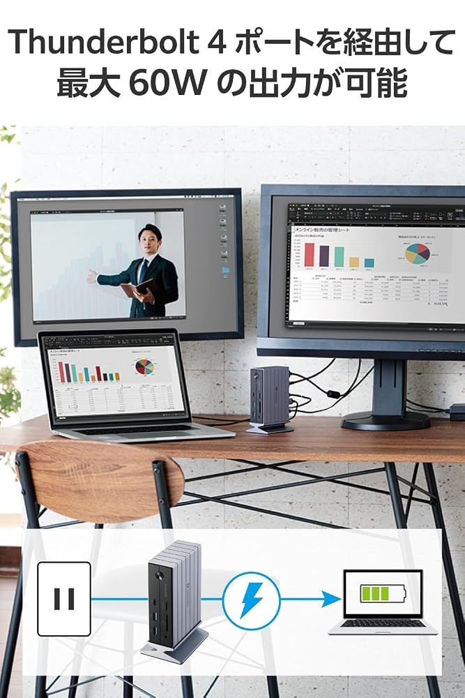 エレコム ドッキングステーション USB-Cハブ 14in1 Thunderbolt 4対応 PD60W 3画面出力 縦置き ブラック DST-W07