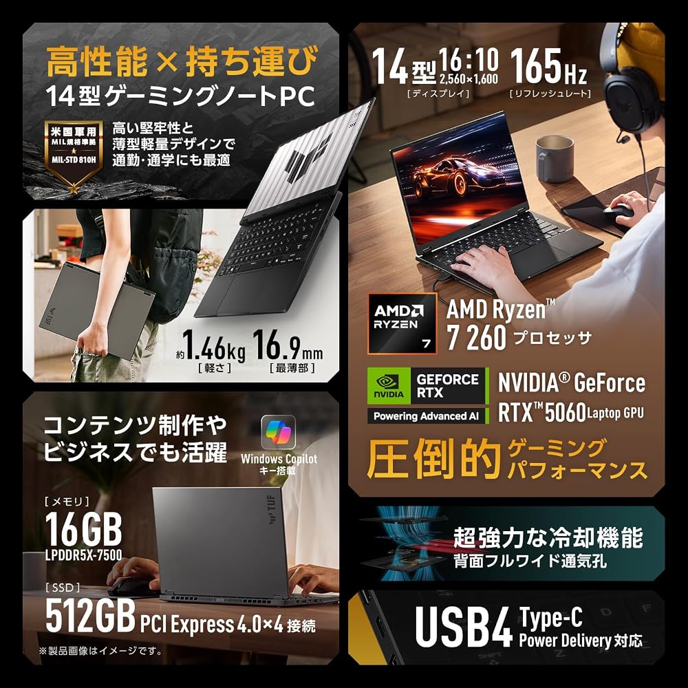 【新品】ASUS ゲーミングノートPC TUF Gaming A14 14インチ Ryzen 7 260 RTX 5060 16GB SSD512GB 165Hz イェーガーグレー FA401UM-R7R506016G